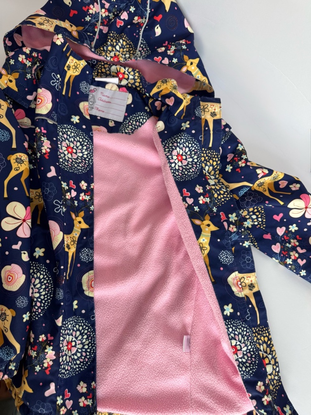 Girls Navy Deer Print Hooded Raincoat Sz 7-8 🦌🩷 - Picture 4 of 9